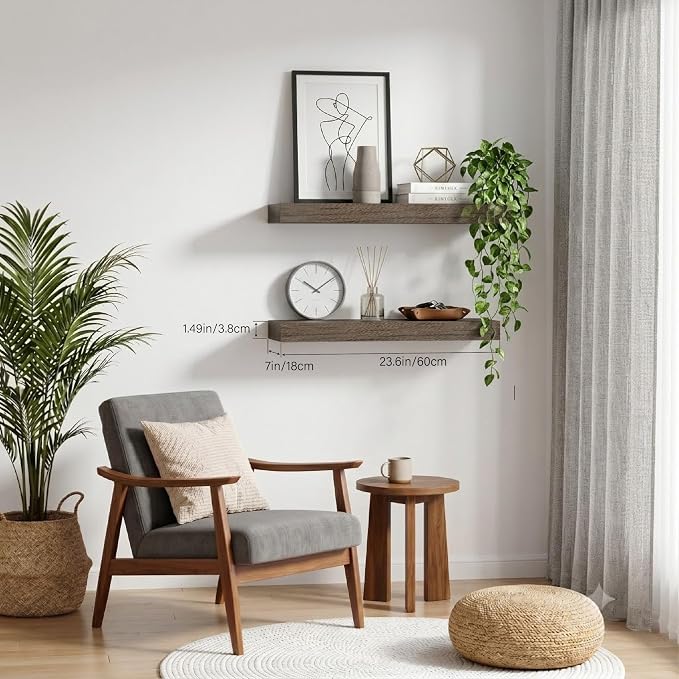 Floating Shelves for Wall, Bathroom Shelves Over Toilet, Wall Shelves & Book Shelf for Room, Hanging Shelf, Modern Wooden Mounted Floating Shelves, 24x7x1.5 in (Smoke Gray, Set of 2)