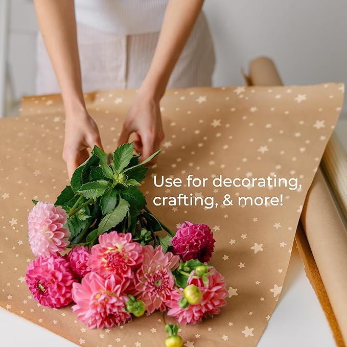 volila Brown Paper Roll 17.5 inch x 50 feet - Stars Kraft Paper Roll for Gift Wrapping Flower Boquet Craft Supplies - Brown Wrapping Paper for Moving Packing Paper