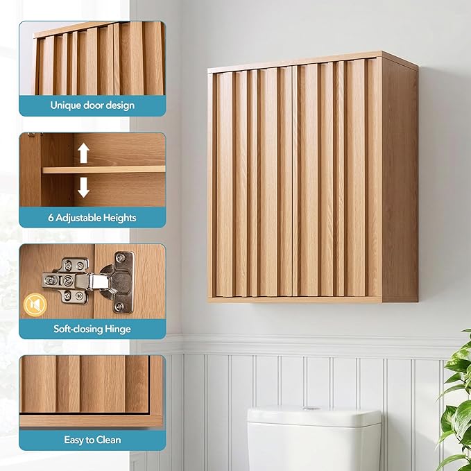VANIRROR Fluted Bathroom Wall Cabinet Over Toilet, 15mm Thick Moisture-Resistant Wood Hanging Storage with Push-to-Open Doors, Japandi Floating Medicine Cabinet for Half Bath & Kitchen, Natural Oak