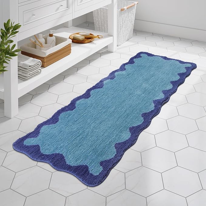 Uphome Bathroom Runner Rug, 24x60 Large Absorbent Cute Blue Bath Mat Non Slip Washable, Soft Scalloped Irregular Plush Microfiber Bath Runner for Floor, Bathtub, Sink
