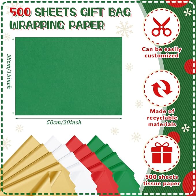 Qilery 500 Sheets Christmas Colored Tissue Paper Bulk 15 x 20 Inch Red Green Gold White Wrapping Paper for Gift Bags Acid Free Tissue for Christmas Craft Supplies, Bouquets, Garlands, Forming Pompoms