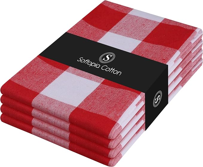 Red Buffalo Plaid Checked Dish Towels 4 Pack, 100% Cotton, 16x26 Inches, Super Absorbent, Quick Drying, Soft, Lint-Free, Durable Tea & Bar Towels with Hanging Loop, Grey and White
