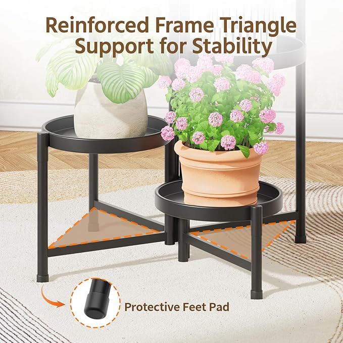 LASZOLA 5 Tier Large Plant Stand Indoor Tall with 10 Inch Metal Tray, Corner Folding Flower Display Rack, Modern Plant Holder Shelf for Outdoor Patio Porch Garden Office Living Room, Black