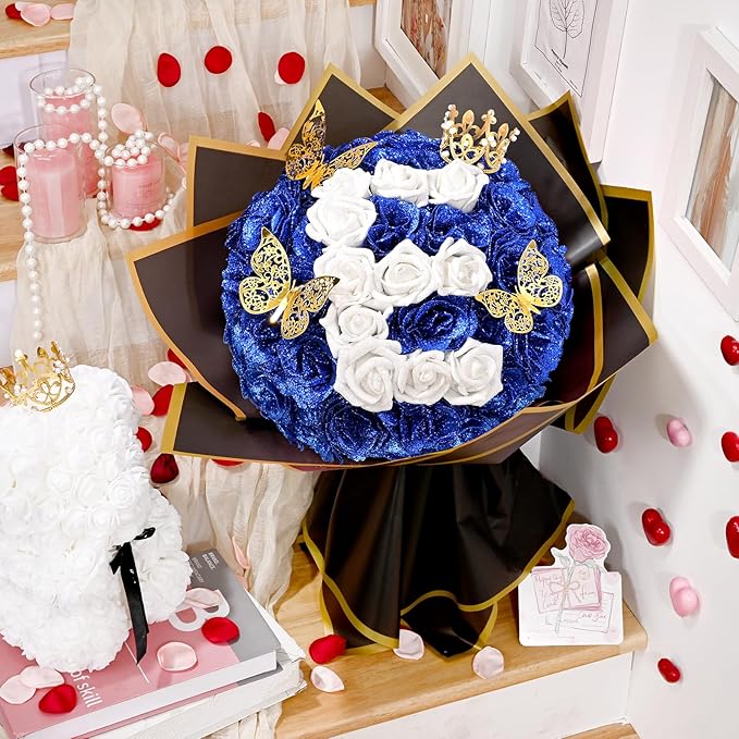 36+20 Glitter Roses Bouquet, DIY Fake Flowers Bouquet, Craft The Initials of Your Loves' Name with Artificial Rose Bouquet for Valentines, Anniversary, Wedding, Blue & White