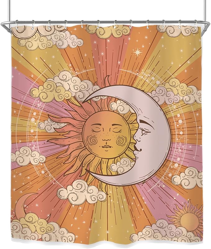 Miyotaa Sun Moon 70s Shower Curtain Set 60Wx71H Inches Celestial Vintage Witchy Abstract Aesthetic Polyester Waterproof Cloth Bathroom Curtain with 12 Hooks