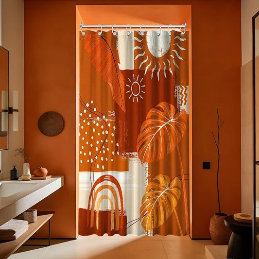 Small Stall Narrow Shower Curtain Burnt Orange Stand Up Mid Century Modern Leaf Shower Curtains for Rv Camper Bathroom Decor Sets, Waterproof Cloth Fabric with Hooks, 48 x 72 Inch