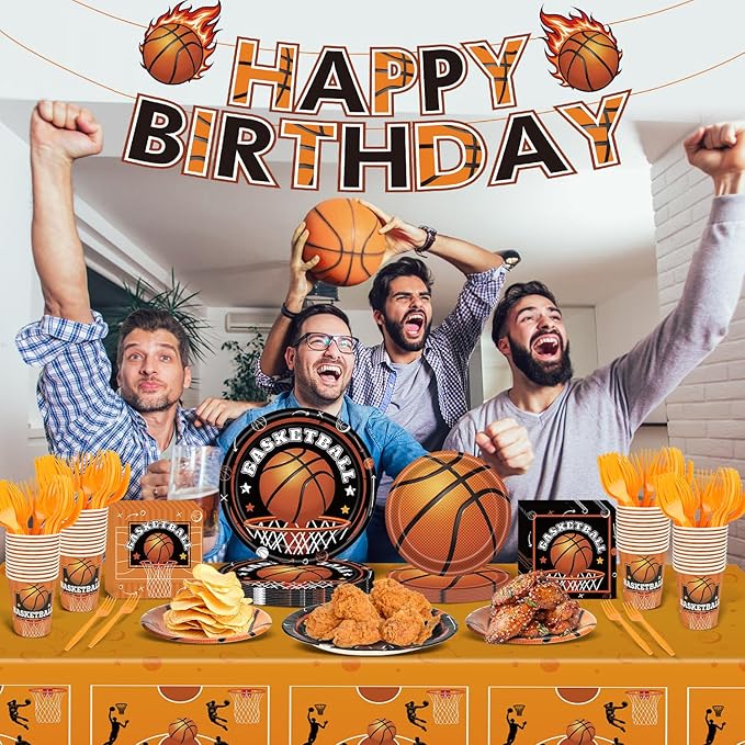 123 PCS Basketball Party Decorations, Disposable Tableware with Plates Cups Napkins Banner Tablecloth for Thanksgiving Christmas Basketball Birthday Party Decor Supplies, Serves 24 Guest
