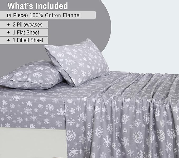 RUVANTI Flannel Sheets King Size - 100% Cotton Brushed King Size Sheets Set - Deep Pockets 16 Inches Bed Sheets - All Seasons Breathable & Extra Soft - Warm & Cozy, 4 Piece, Snowflakes