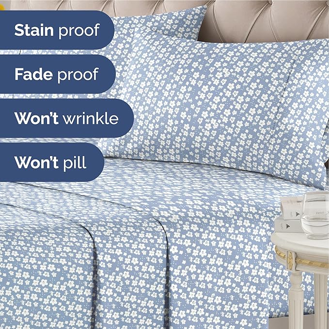 Floral Sheets - Blue Floral Bed Sheet Set - 1 Flat, 1 Fitted & 2 Pillowcases w/ Deep Pockets - Comfy, Wrinkle & Fade Free - Boho Botanical Bedding - Ultra-Soft, Breathable & Cooling - King Size Set