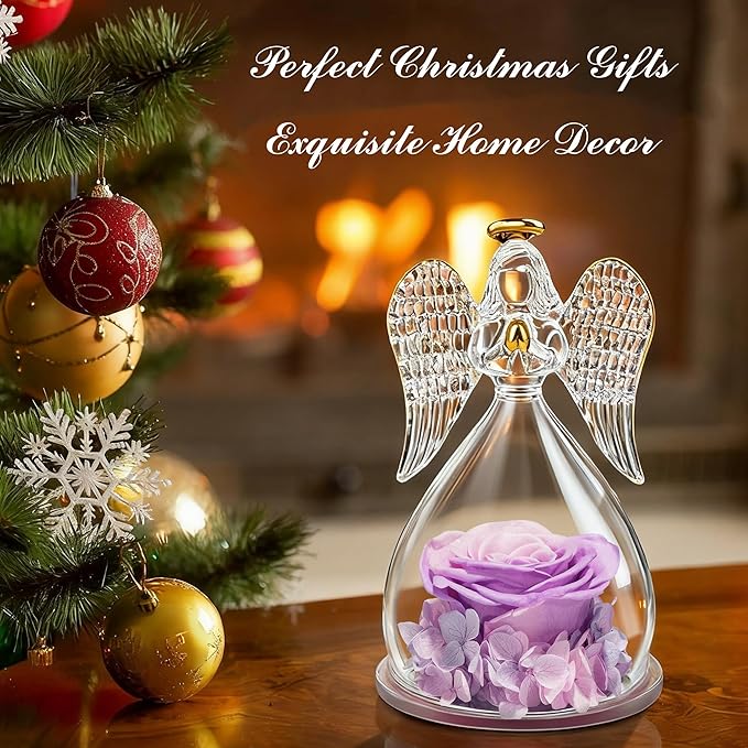 Sunia Preserved Flower Rose Gift for Women - Mother's Day Birthday Gifts for Mom Wife Grandma, Glass Angel Figurines Forever Real Roses Gifts for Her Valentine Day Thanksgiving﻿ (Pink Purple)