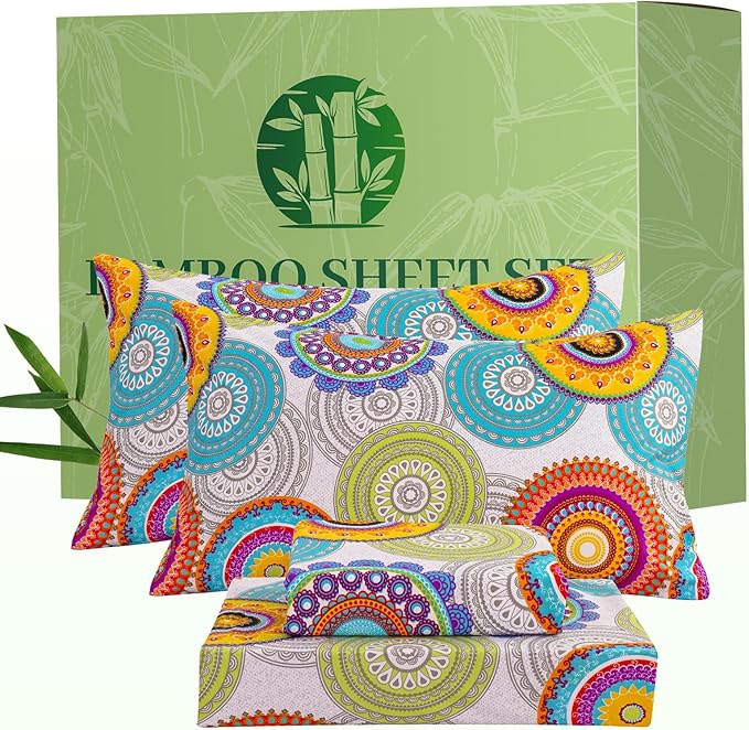 Bedlifes Extra Deep Pocket 18-24" King 4-Piece Sheet Set - Cooling Sheets Blend Rayon Derived from Bamboo Soft & Breathable,Featuring Mandala Patterned
