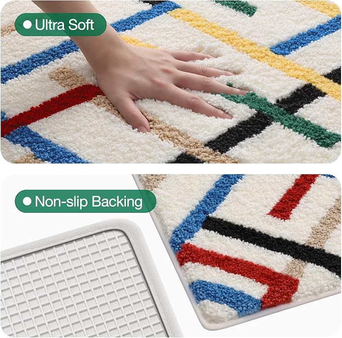 LUMI Bathroom Rugs with Colorful Line, Soft Absorbent Bath Mat for Modern Home Decor, Non-Slip Quick-Dry Bath Rug, Machine Washable Floor Mat for Shower and Tub, Entryway, 16"x24", Colored Line