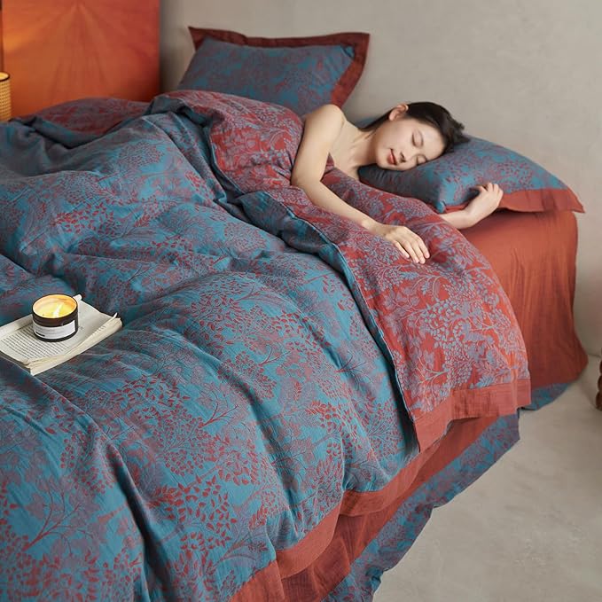 VM VOUGEMARKET Jacquard Duvet Cover Set King,Yarn-Dyed Cotton Blue Red Tree Leaves Duvet Cover Bordered,Reversible Farmhouse Style Bedding Set King