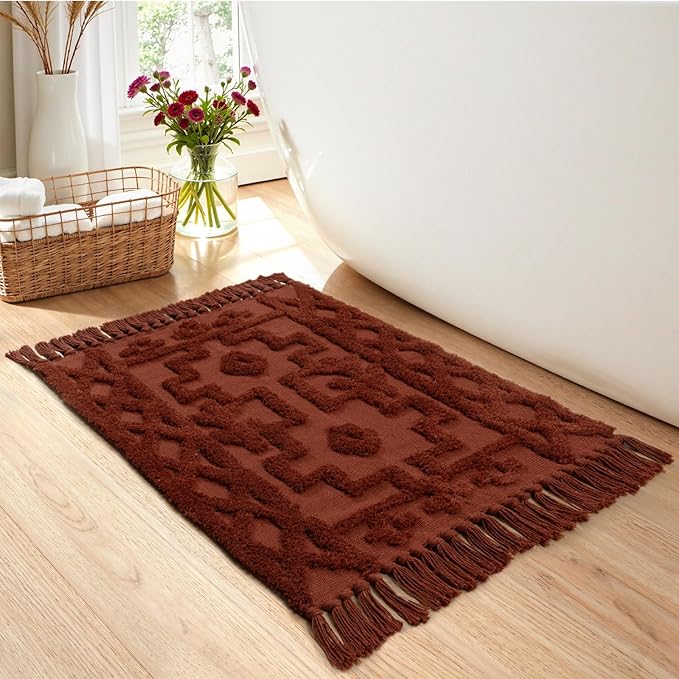Uphome Boho Bathroom Rug 2' x 3', Washable Small Farmhouse Bedroom Rugs, Terracotta Geometric Bath Mats for Home Decor, Cotton Woven Moroccan Tufted Throw Rug for Entryway Front Door Kitchen