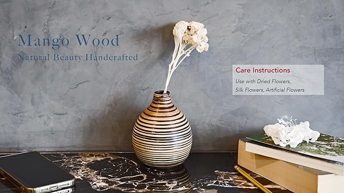 AeraVida Hand-Carved Round Black Stripes Small Brown Wooden Flower Vase | Mango Tree Wood Kitchen Decor | Handmade Vase | Handmade Home Office Table Vase