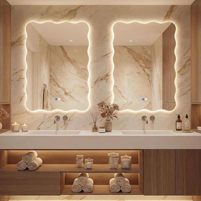 Wavy Led Bathroom Mirror- Vanity Mirror with Lights IP54 Enhanced Anti-Fog, 24"x36" Single Piece 3 Colors Dimmable, Memory,Tempered Glass,UL Listed