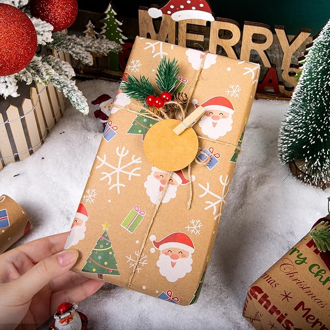 Yarcony Kraft Christmas Wrapping Paper Roll, Reversible Santa Wrapping Paper, Cute Santa, Tree & Merry Christmas Letterings Pattern Thick Holiday Gift Wrap for Winter Celebrations (17 Inch X 33 Feet)