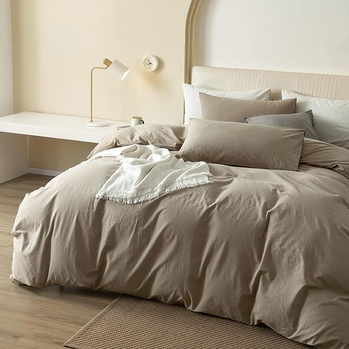 JIYUAN 100% Washed Cotton Duvet Cover Set 3 Pieces Oversized Queen, 1 Duvet Cover 98x98 Inches(Comforter Not Included) and 2 Pillowcases,Linen Feel Bedding Set Comfy and Breathable,Khaki