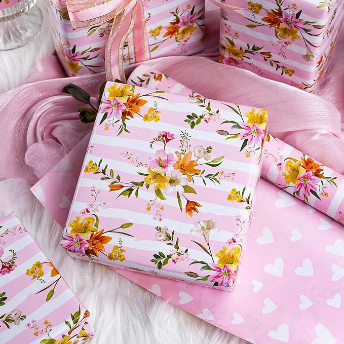 Burymento Pink Striped Flower Wrapping Paper, Reversible Pink Love Design Gift Wrap for Baby Shower, Birthday, Valentines, Mothers day, Graduation, Wedding, Fathers day, Christmas (17 Inch X 32.8 Feet)