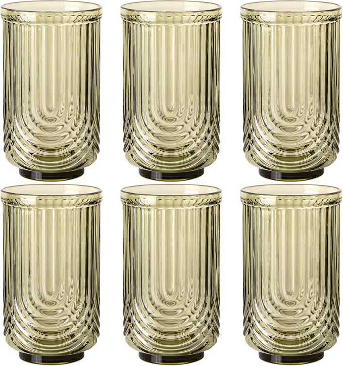 Green Vintage Drinking Glasses Set of 6-17oz Hand-Blown Highball Ribbed Glassware, Arch Design Cocktail Glasses for Whiskey Water Beverages Ice Coffee Juice Milk
