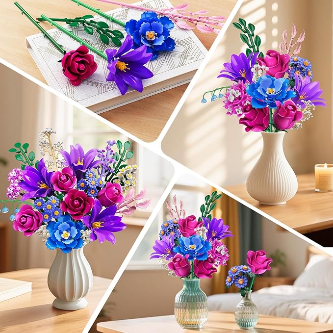 Flowers Bouquet Building Set with LED Light, 21 Flower Botanical Collection Building Block Toy, Rose Lily Home Plant Decor 1054PCS for Her Adults Women Kids Girls 12+ (Purple)