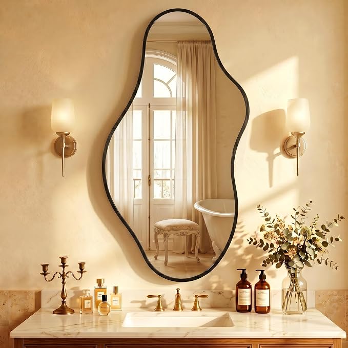 Dorlicecass Bathroom Mirrors for Over Sink - Long Wall Mirrors Decorative 24"x 43" Asymmetrical Abstract Aviation Aluminum Alloy Frame Unique for Bedroom, Living Room, Cloakroom, Entryway Black