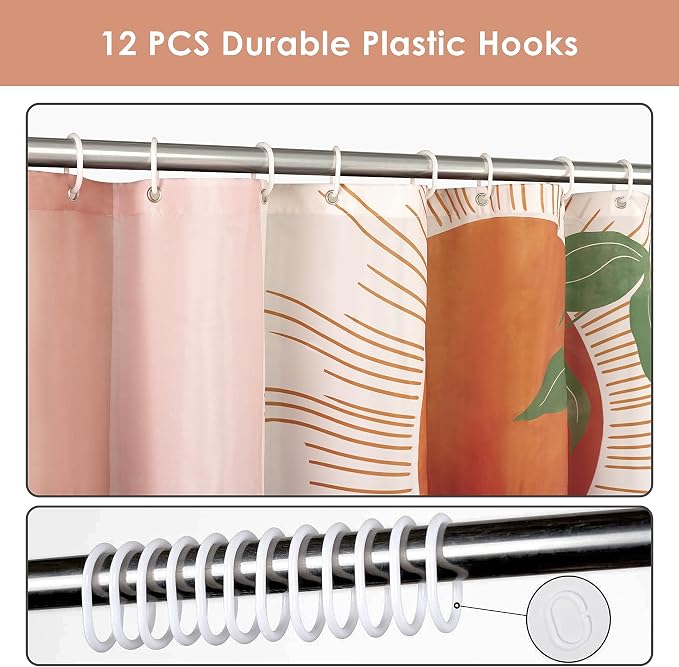 Mid Century Abstract Boho Orange Aesthetic Shower Curtain Set, Spring Summer Pink Green Nature Leaf Sun Modern Minimalist Home Bathroom Curtain Decor with 12 Hooks 72x72 Inches