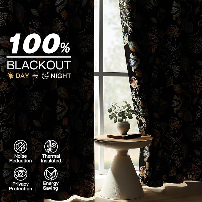 XiDi Black Floral Curtains 90 Inches Long for Living Room Bedroom 2 Panels Blackout Patterned Curtains Decorative Thermal Insulated Luxury Vintage Dark Flower Botanical Printed Grommet Drapes 52x90