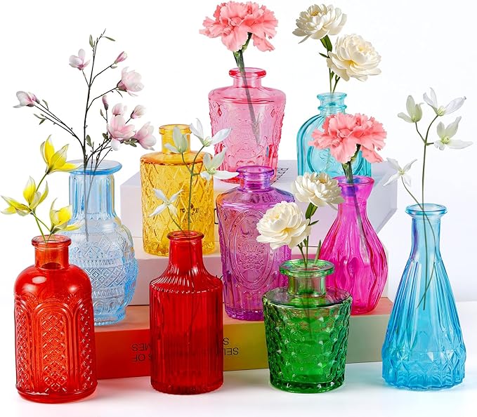 Blcculi Glass Bud Vases Set of 10,Mini Flowers Vase in Bulk,Vintage Colored Vase,Small Glass Vases for Centerpieces,Wedding,Parties,Reception Decor,Table Decorations,Gifts