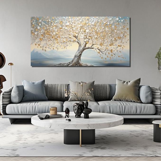 Large Tree Decor Art Bedroom Gold Canvas Wall Decor Light Blue Picture Wall Art for Living Room Office 29" x 59" White Artwork Poster