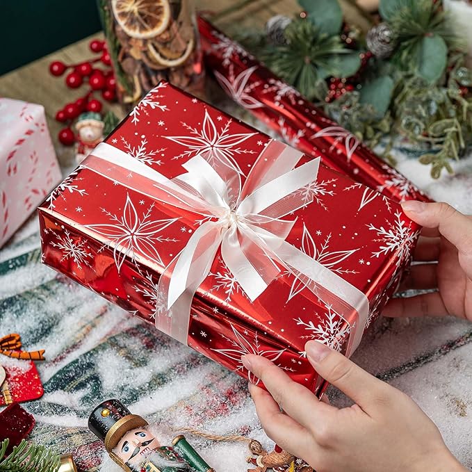 MAYPLUSS Red Christmas Wrapping Paper Roll - 17IN X 33FT - Christmas Gift Wrapping Paper Featuring White Snowflake Reversible Candy Cane for Kids, Holiday, New Year