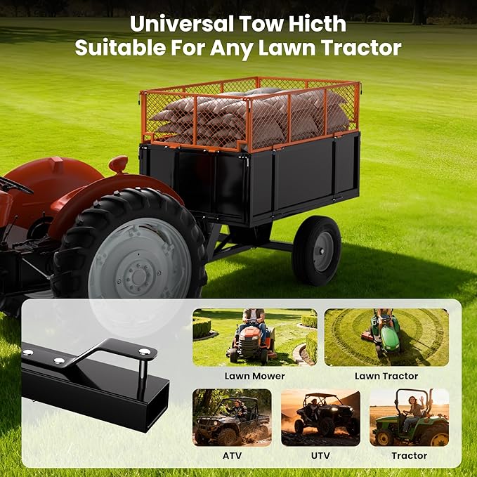 ATV UTV Trailer, Garden Utility Trailer Tow Behind Dump Trailers, 17 Cu.Ft Capacity & Heavy Duty 750 Lbs Steel Dump Cart, with Foldable Mesh Fence, Yard Garden Trailers for Lawn Mower Tractor