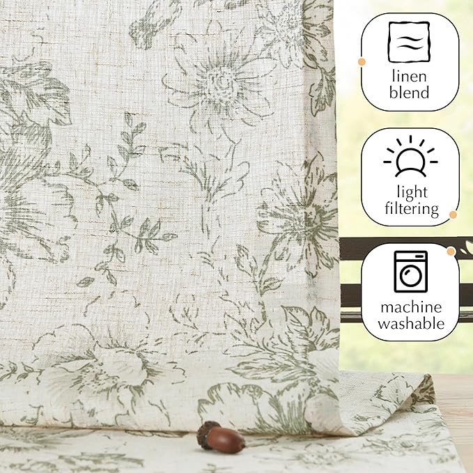 jinachan Pinch Pleated Curtains Floral Linen Blend Curtains for Living Room 90 Inches Length Christmas Green Peony Flower Printed Curtain Rod Pocket Back Tab Farmhouse Drapes with Hooks Set 2 Panels