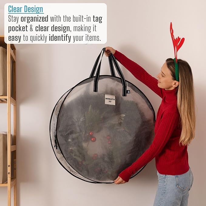 VENO 4 Pack Christmas Wreath Storage Container - 30 Inch Clear Wreath Bag, Christmas Garland and Holiday Decoration Organizers with Zipper and Durable Handles (Clear, 30"-4 Pack)