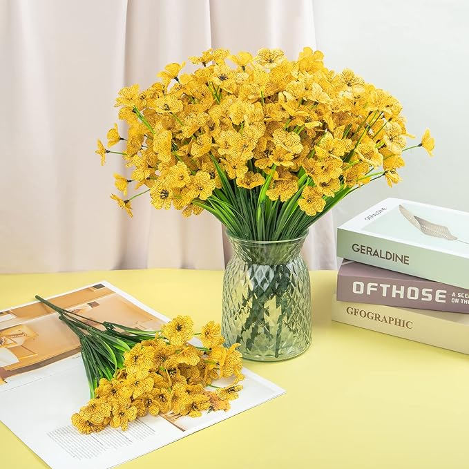 Ouddy Decor 24 Bundles Artificial Flowers for Decorations Fake Silk Plants for Outdoors UV Resistant Faux Plastic Greenery Stems for Garden Porch Window Box Home Spring Decor, Yellow