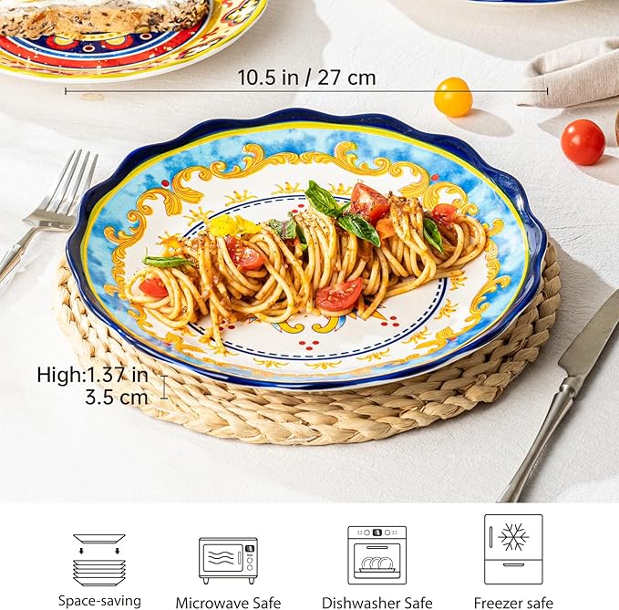 UNICASA Ceramic Dinner Plate Set of 4, 10.5 Inch Porcelain Pasta Plates Set– Serving Dishes for Salad, Steak, Colorful Boho Decoration, Microwave & Dishwasher Safe