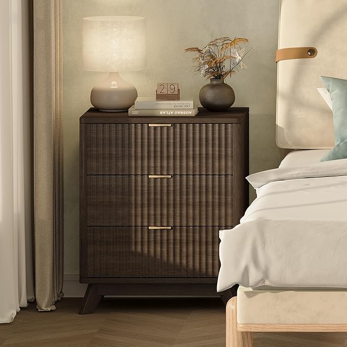 30" Tall Fluted NightStand Set of 2,Modern Side Table with Storage, 3 Drawers End Table with Charging Station,Night Stand Wood Bedside Tables for Bedroom,Curved Profile Design,Walnut