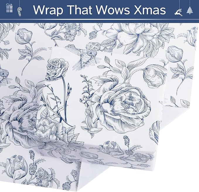 RayofSun Blue Floral Wrapping Paper Roll 17 in x 32ft Mini Roll Vintage Toile Flower Gift Wrap Paper for All Occasion Wedding Birthday Bridal Shower Party Baby Shower Christmas