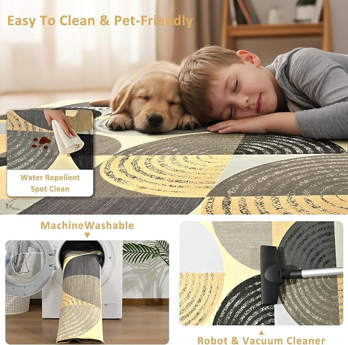 Merelax 5x8 Geometric Rug for Livingroom Bedroom - Washable Non-Slip Abstract Multi-Color Area Rug, Indoor Floor Carpet Low Pile Soft Rug for Dining Room, Mudroom, Modern Aesthetic Decor, Light Tan