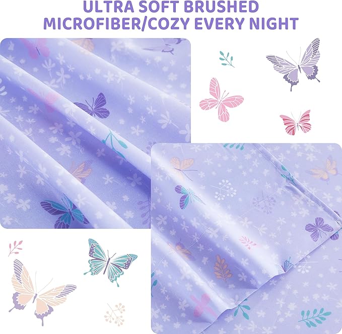 Viviland 3 Pieces Girls Light Purple Twin Sheet Set - Soft Microfiber Fitted Flat Sheets & Pillowcase - Butterfly Floral Printed Bedding Sets - for Kids & Toddlers