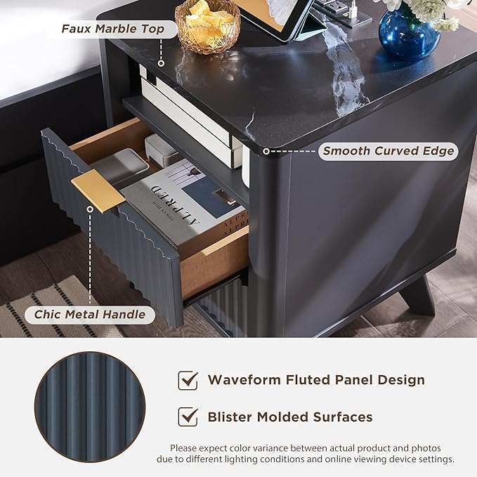 T4TREAM Fluted Nightstand with Charging Station, 18" Modern SideTable with Faux Marble Top, 2 Drawers End Table w/Storage, Bedside Table for Bedroom, Living Room, Curved Profile Design, Dark Grey