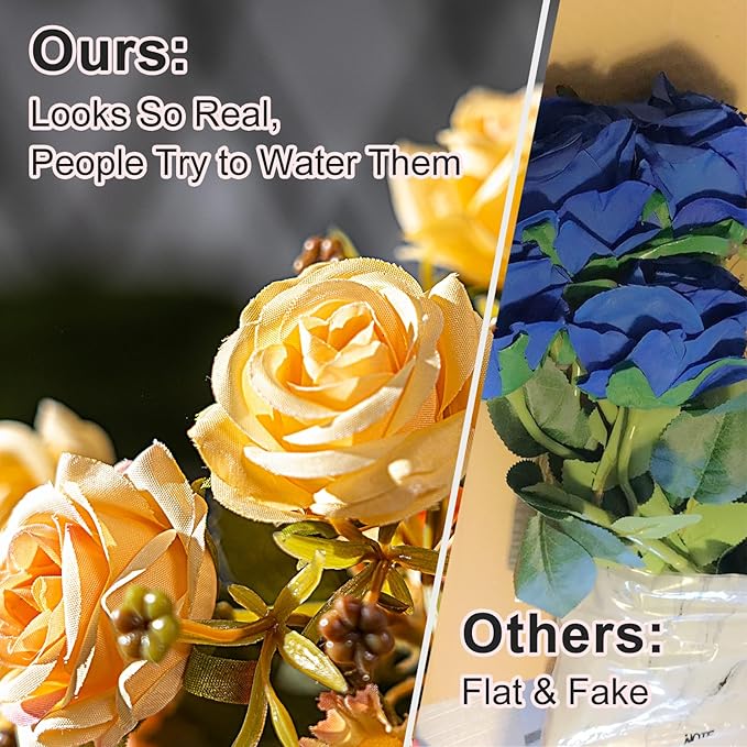 Artificial Rose Flowers for Outdoor 4 Bundles Rose Bouquet with Daisy Faux Flowers UV Resistant for Home Indoor Outside Garden Porch Window Box Balcony Yard Porch Fall Decor (White+Yellow)