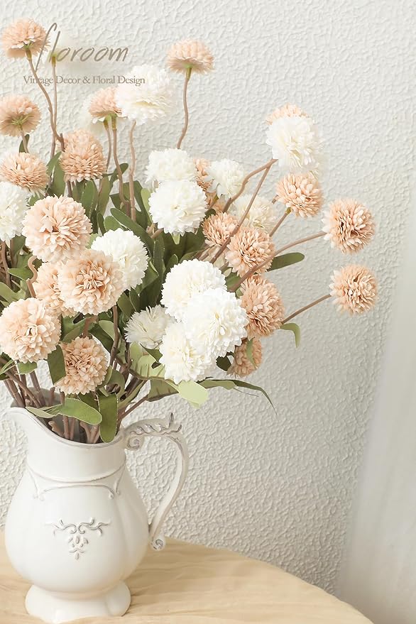 Floroom 9pcs Beige Ivory Mix Faux Silk Mums Artificial Flowers, Bulk Fake Small Mini Chrysanthemums with Stems for DIY Wedding Centerpieces Floral Arrangements Vase Fillers Home Decorations