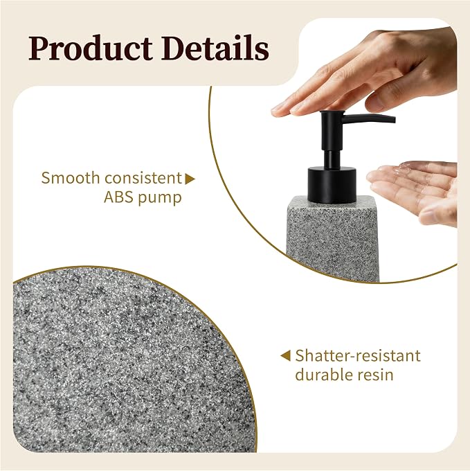 Bathroom & Kitchen Countertop Soap Dispenser, Modern Sandstone-Look Resin Bottle with ABS Pump, Durable Shatter-Resistant 8.5 oz Dispenser (Grey)