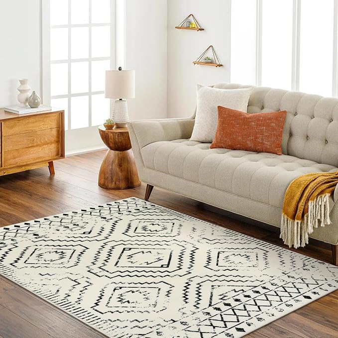 Wonnitar Moroccan Washable Rugs 5x7, Large White Tribal Area Rug for Living Room, Non-Shedding Soft Bedroom Accent Throw Mat, Geometric Floor Carpet for Dining Table Entry Office (Beige,5'x7')