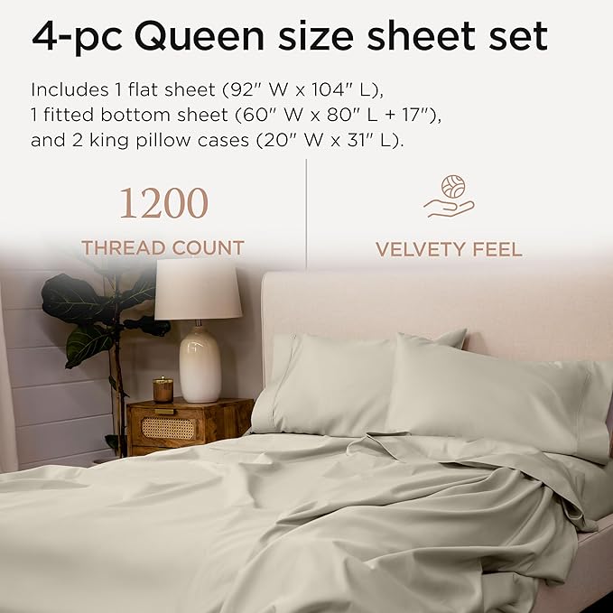 Threadmill Supima Cotton Queen Sheet Set, 1200 Thread Count Queen Sheets for Queen Mattresses, 4 Piece American Luxury Bed Sheets, Sateen Hotel Quality Sheets with Elasticized Deep Pocket, Taupe