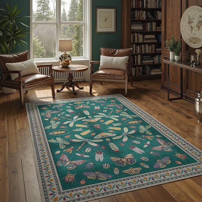 DCX 5x7 Washable Insect Rug, Vintage Gothic Deep Teal Rug with Non-Slip Rubber Backing, Soft Low-Pile, Stain-Resistant, Kid & Pet Friendly, for Living Room, Bedroom, Office, and Nature-Themed Decor
