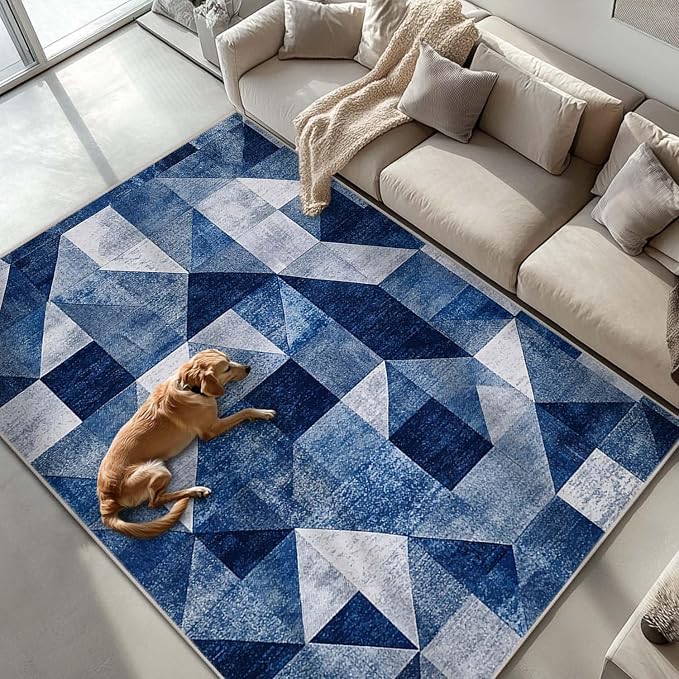 6x9 Navy Blue Area Rug Modern Geometric Blue White Beige Bedroom Rug Soft Low Pile Thin Large Carpet Living Room Non Slip Dining Room Stain Resistant Office Washable Machine