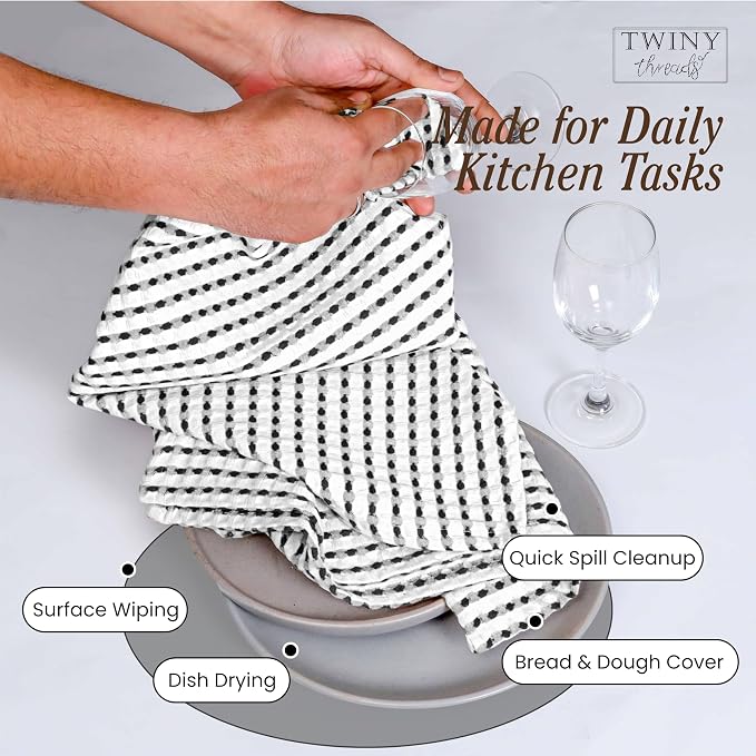 TWINY threads Waffle Kitchen Towels Set of 4, Large 16x26 Inches, 100% Cotton Absorbent Dish Cloths, Fast Dry & Machine Washable Waffle Weave Towel for Cooking, Baking & Cleaning, Black and White
