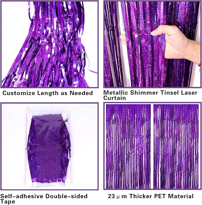 2 Pack 3.2ft x 8.2ft Purple Metallic Tinsel Foil Fringe Curtains, Large Photo Booth Backdrop Streamer Curtain for Party Door Wall Curtains Wedding Bachelorette Birthday Christmas New Year Decorations